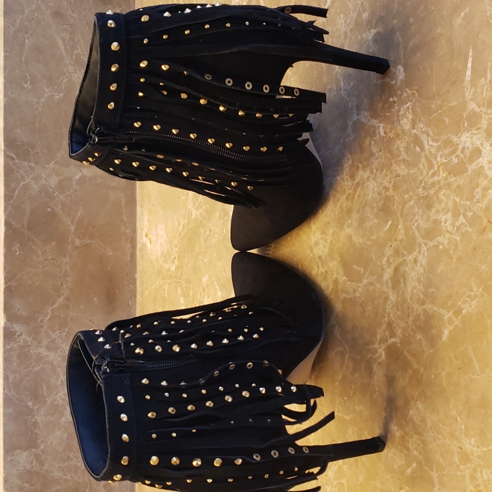 Express black micro suede cowhide fringed w gold-embellished ankle booti… - Picture 8 of 16